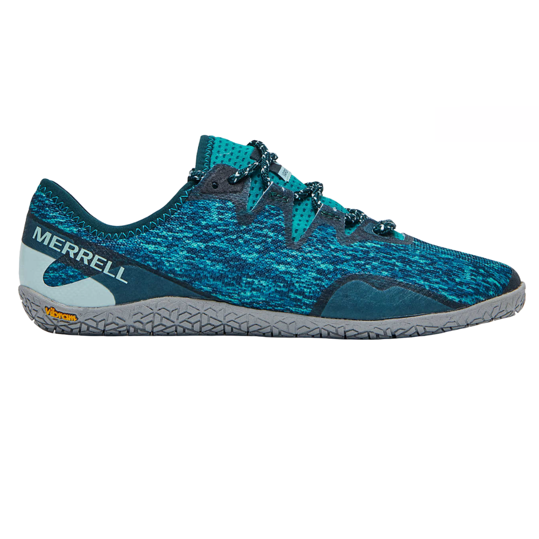 Merrell Vapor Glove 5 Shoes are lightweight, minimalist shoes with a breathable blue knit upper, gray Vibram sole for traction, and lace-up closure, designed for a barefoot feel.
