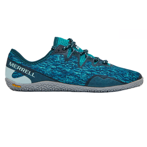 Merrell Vapor Glove 5 Shoes are lightweight, minimalist shoes with a breathable blue knit upper, gray Vibram sole for traction, and lace-up closure, designed for a barefoot feel.