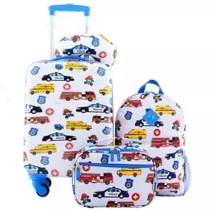 A set of children's luggage featuring a suitcase, backpack, neck pillow, and lunch bag adorned with colorful prints of police cars, fire trucks, ambulances, and badges.