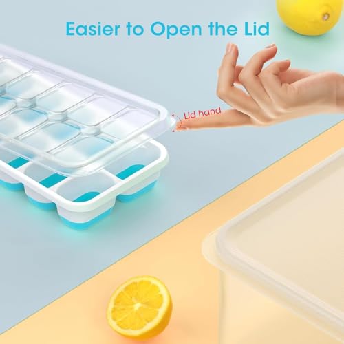 A hand is shown easily lifting the lid off an ice cube tray with a labeled tab, surrounded by lemons on a colorful background.
