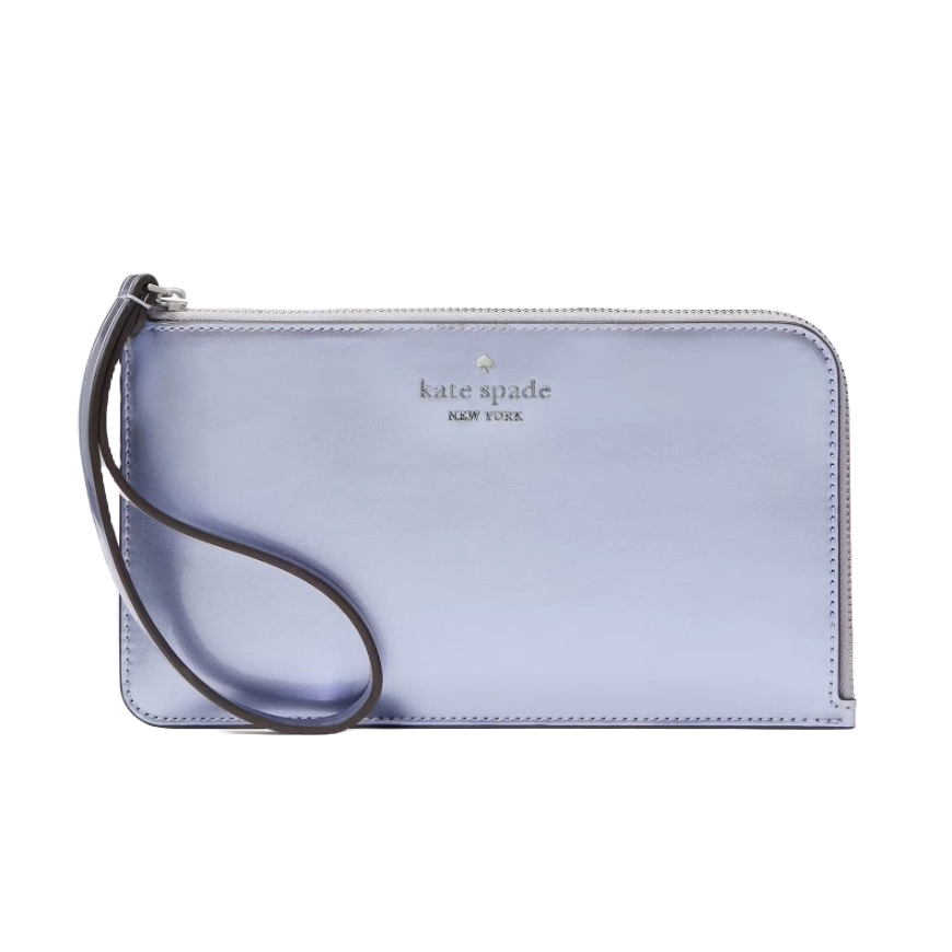 A Kate Spade medium wristlet in a light blue color with a simple design, featuring a wrist strap and the brand logo on the front.
