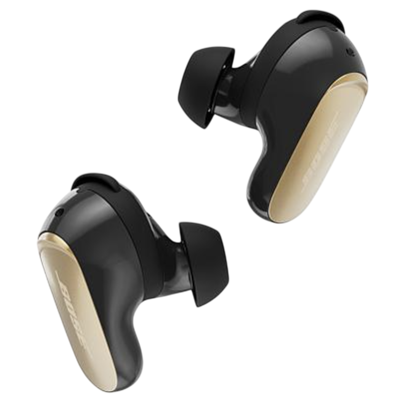 Black and gold wireless earbuds featuring silicone ear tips and sleek design.