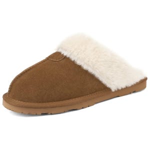 Brown slip-on slipper with a fluffy white lining and a rubber sole.