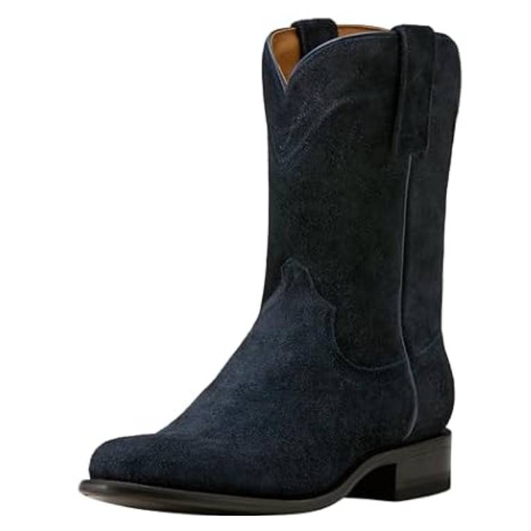 A black suede cowboy boot with a mid-calf height, featuring pull tabs and a low block heel.