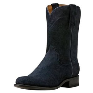 A black suede cowboy boot with a mid-calf height, featuring pull tabs and a low block heel.