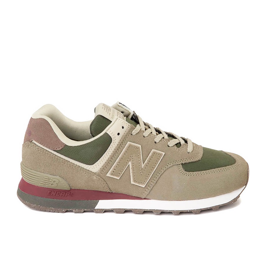 A New Balance sneaker in shades of beige, olive green, and maroon.