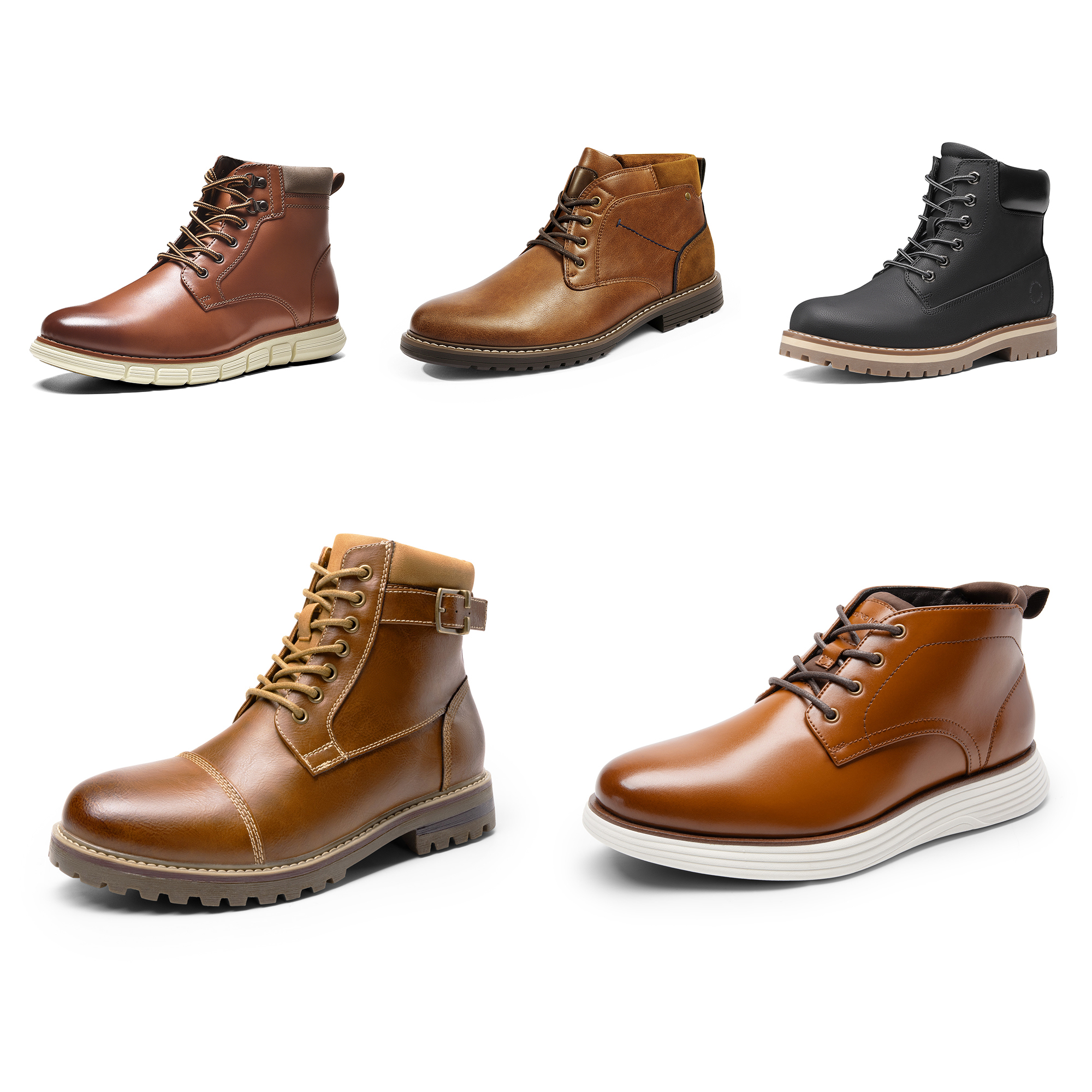 Six different styles of men's brown and black leather boots displayed against a white background.
