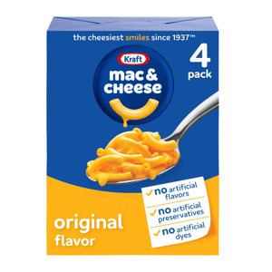 Kraft Mac & Cheese, original flavor, 4-pack; no artificial flavors, preservatives, or dyes.
