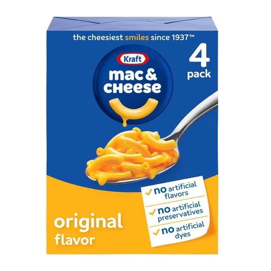 Kraft Mac & Cheese, original flavor, 4-pack; no artificial flavors, preservatives, or dyes.