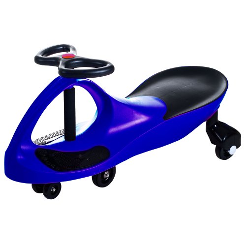 A blue Lil' Rider Wiggle Car with a black seat, three wheels, and a red and black steering wheel.