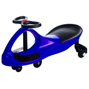 A blue Lil' Rider Wiggle Car with a black seat, three wheels, and a red and black steering wheel.