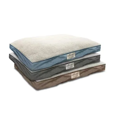 Stacked pet beds in sizes 40\“x30\“ with a Sherpa top and woven linen sides, available in blue, gray, and brown colors. Each bed features a stitched label.