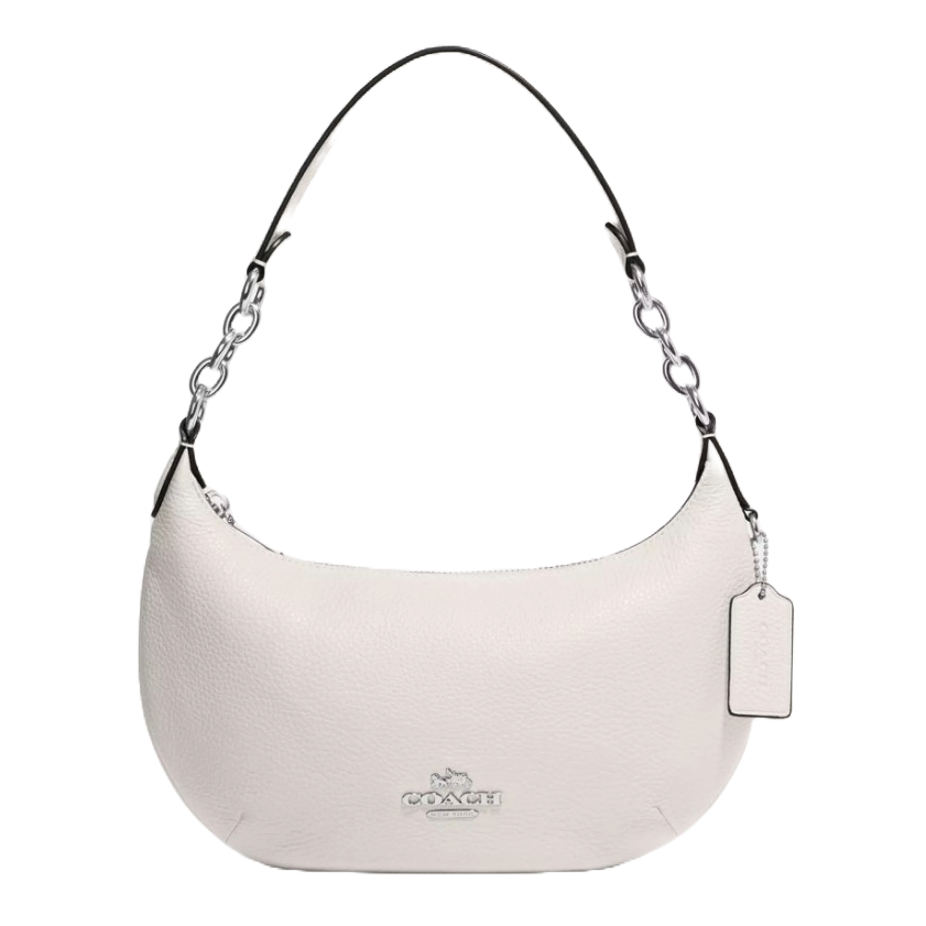 A white leather hobo bag from Coach Outlet featuring a silver chain strap, minimalist design, and a subtle Coach logo and tag.