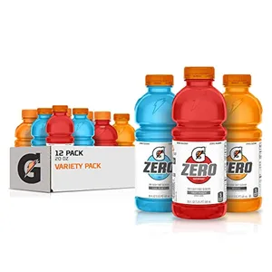 A 12-count pack of 20 oz Gatorade G Zero bottles in assorted colors, indicating different flavors, is displayed with its packaging.