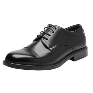 A polished black leather Men's Oxford shoe with a cap toe design and lace-up closure, featuring a low heel and stitched detailing.