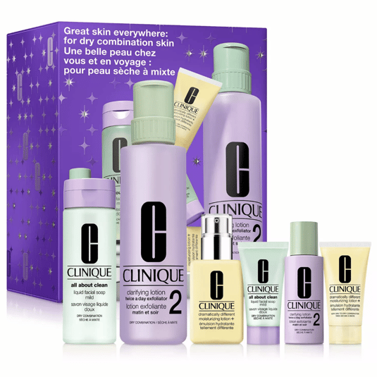 Clinique skincare set for dry combination skin includes Liquid Facial Soap, Clarifying Lotion, and Dramatically Different Moisturizing Lotion, designed for skincare routines at home and while traveling.