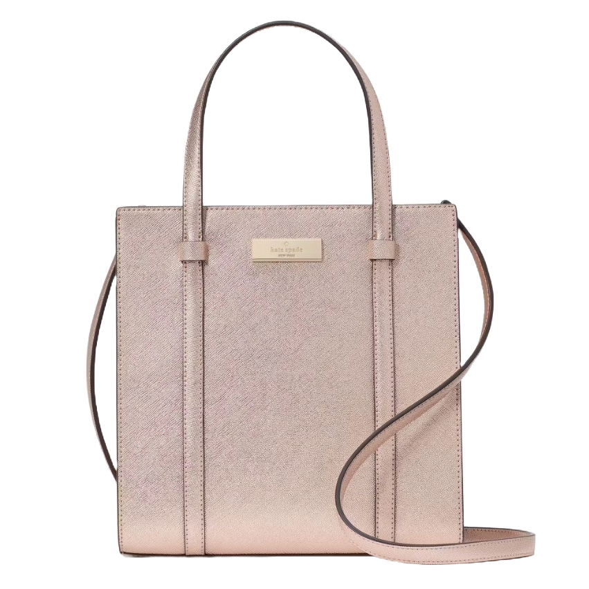 Kate Spade Kenzie Tote in rose gold features a structured silhouette with dual top handles and a detachable shoulder strap, offering a sleek, metallic finish ideal for versatile styling.