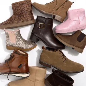 A variety of boots including leopard print, pink, glitter, brown leather, and suede designs with different heel styles and textures are arranged on a white background.