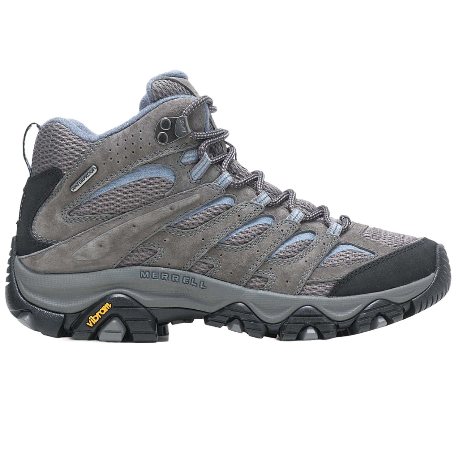 Gray Merrell hiking boot with waterproof label, features a durable Vibram sole and mesh-suede upper for outdoor activities.