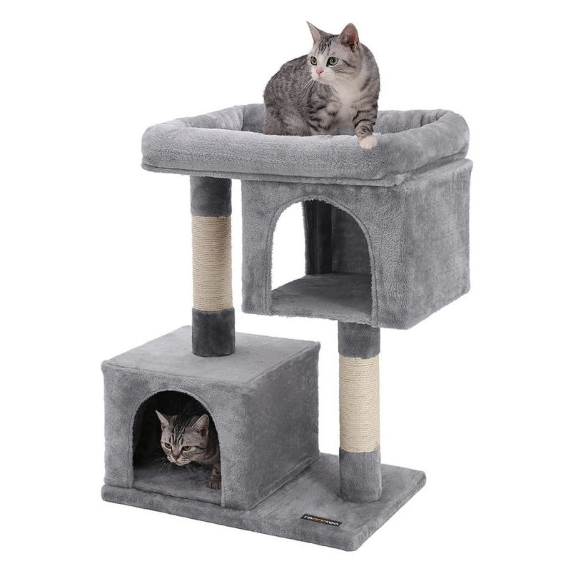A gray cat tree with two levels features a lower enclosed hideout and an upper perch. Scratch posts are incorporated into the design for feline play and exercise.
