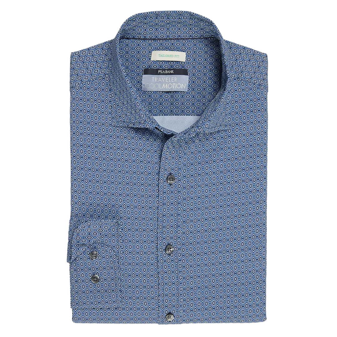 Blue patterned button-up dress shirt with a tailored fit, labeled \“Traveler Performance Series\“ by Jos. A. Bank.