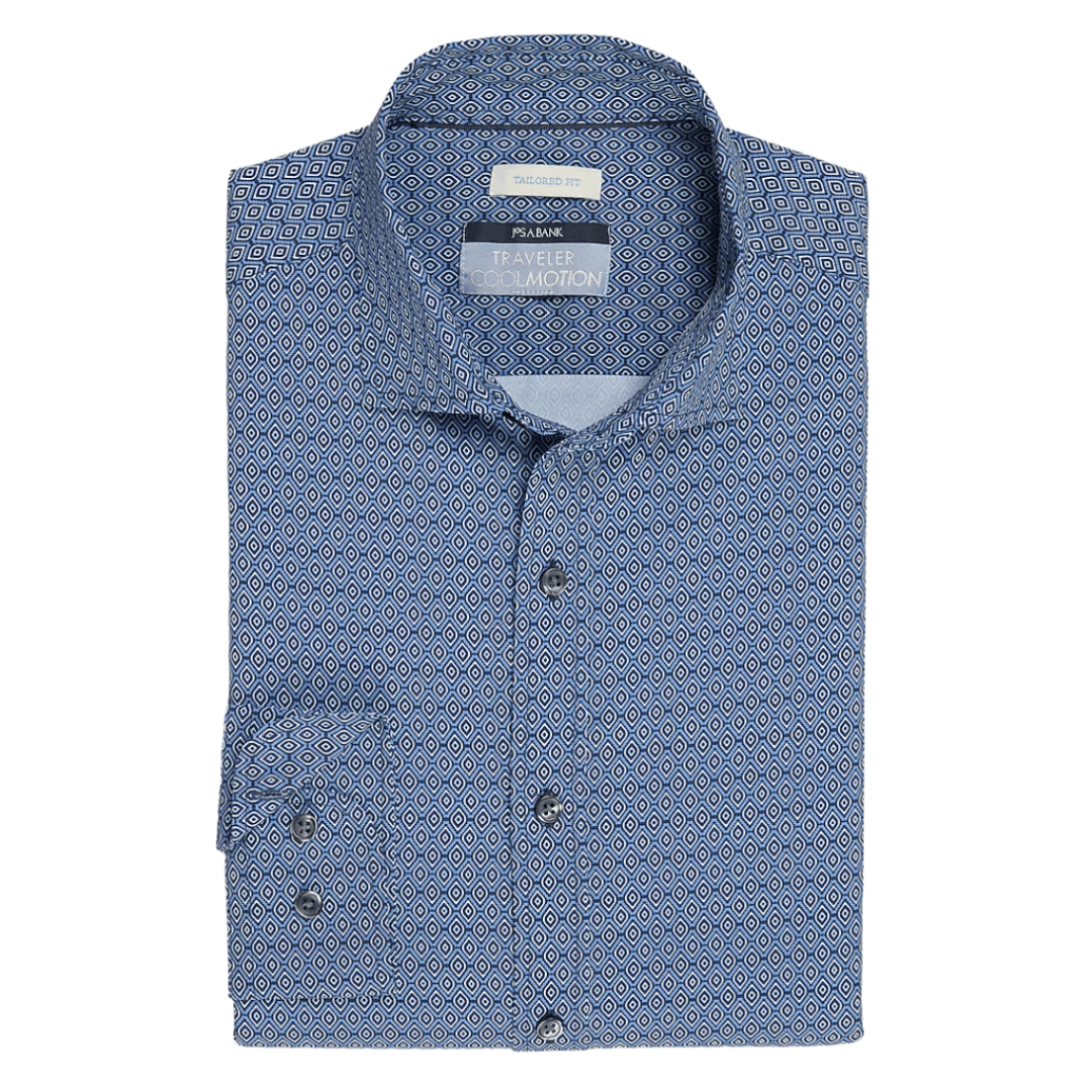 Blue patterned button-up dress shirt with a tailored fit, labeled \“Traveler Performance Series\“ by Jos. A. Bank.