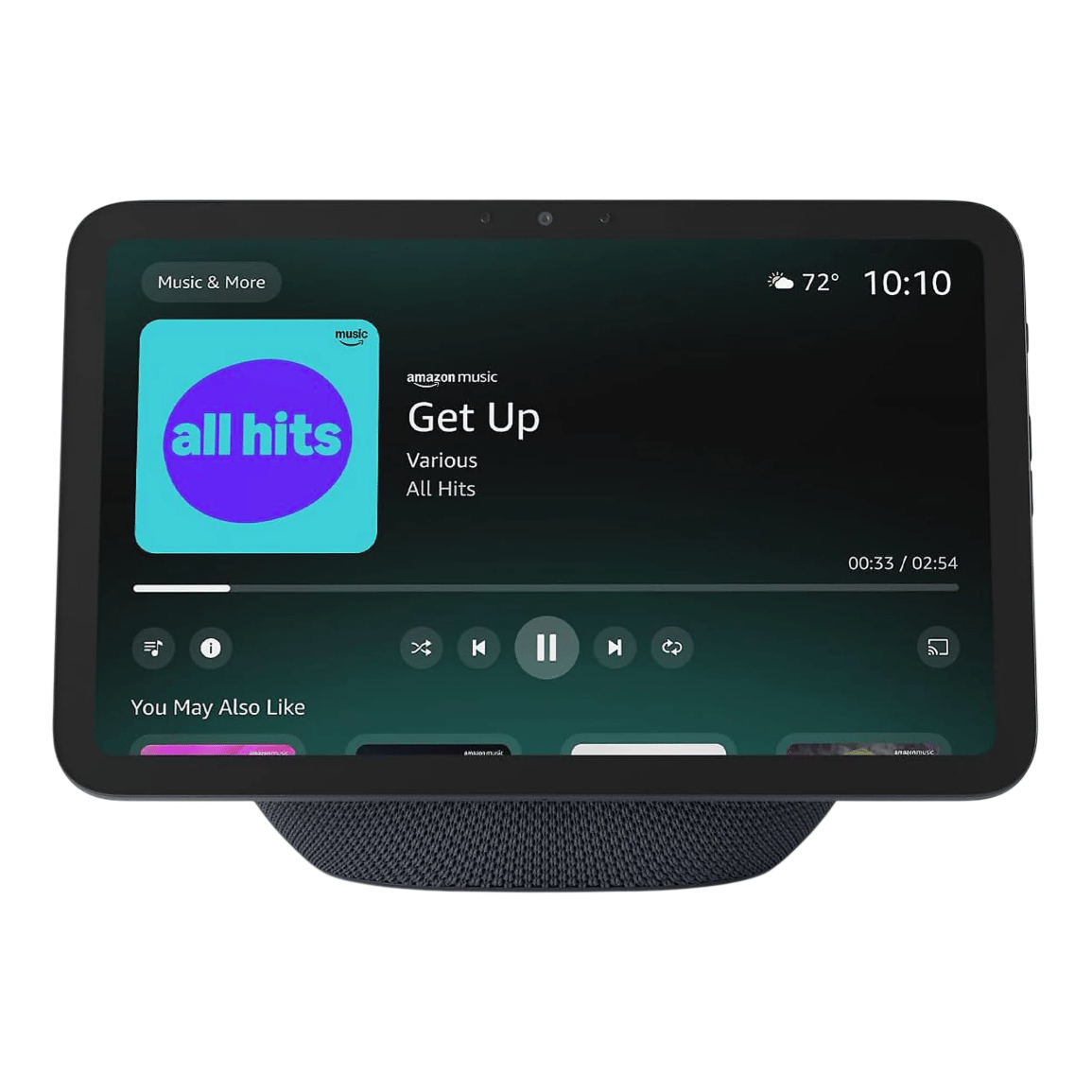 A smart display with Amazon Music playing on the screen, featuring the song \“Get Up\“ from the \“All Hits\“ playlist.