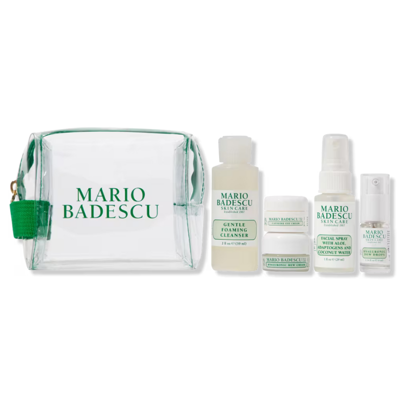 Mario Badescu 6pc Skincare Set includes a clear travel pouch, Gentle Foaming Cleanser, Caffeine Eye Cream, Hyaluronic Dew Cream, Facial Spray with Aloe, Adaptogens and Coconut Water, and Hyaluronic Dew Drops.
