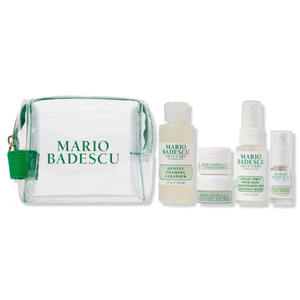 Mario Badescu 6pc Skincare Set includes a clear travel pouch, Gentle Foaming Cleanser, Caffeine Eye Cream, Hyaluronic Dew Cream, Facial Spray with Aloe, Adaptogens and Coconut Water, and Hyaluronic Dew Drops.
