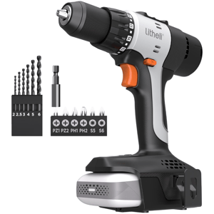 A cordless power drill with a set of six drill bits (sizes 2, 2.5, 3, 4, 5, 6) and six screwdriver bits (PZ1, PZ2, PH1, PH2, S5, S6) shown alongside.