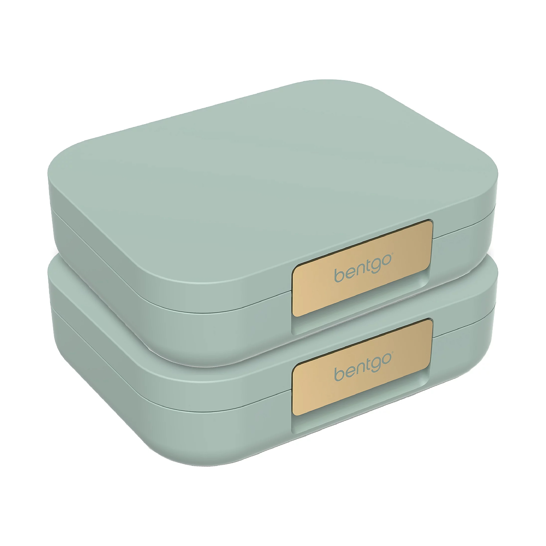Two Bentgo lunch boxes are stacked, featuring a sleek design in a muted green color with a gold accent panel displaying the logo.