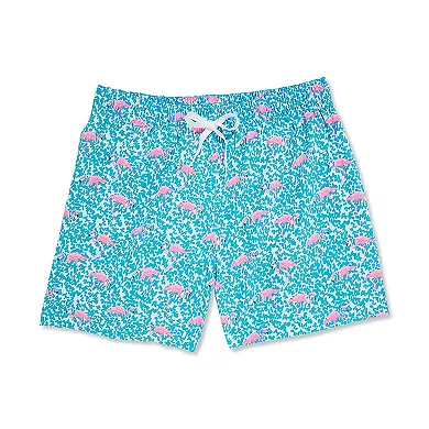 Vibrant turquoise swim trunks featuring a pink dolphin pattern with a white drawstring at the waist.