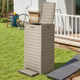 Outdoor trash can with a vertical design, featuring a pedal for hands-free operation and a lid that opens upwards.