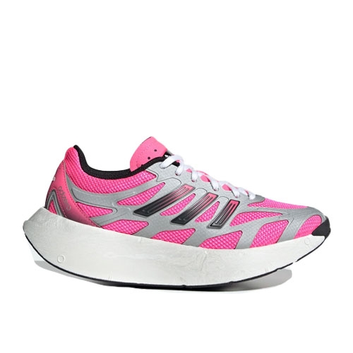 A pink and gray athletic running shoe with a thick white sole, featuring black accents and white laces.
