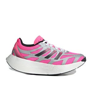 A pink and gray athletic running shoe with a thick white sole, featuring black accents and white laces.