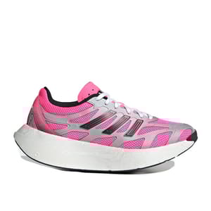 A pink and gray athletic running shoe with a thick white sole, featuring black accents and white laces.