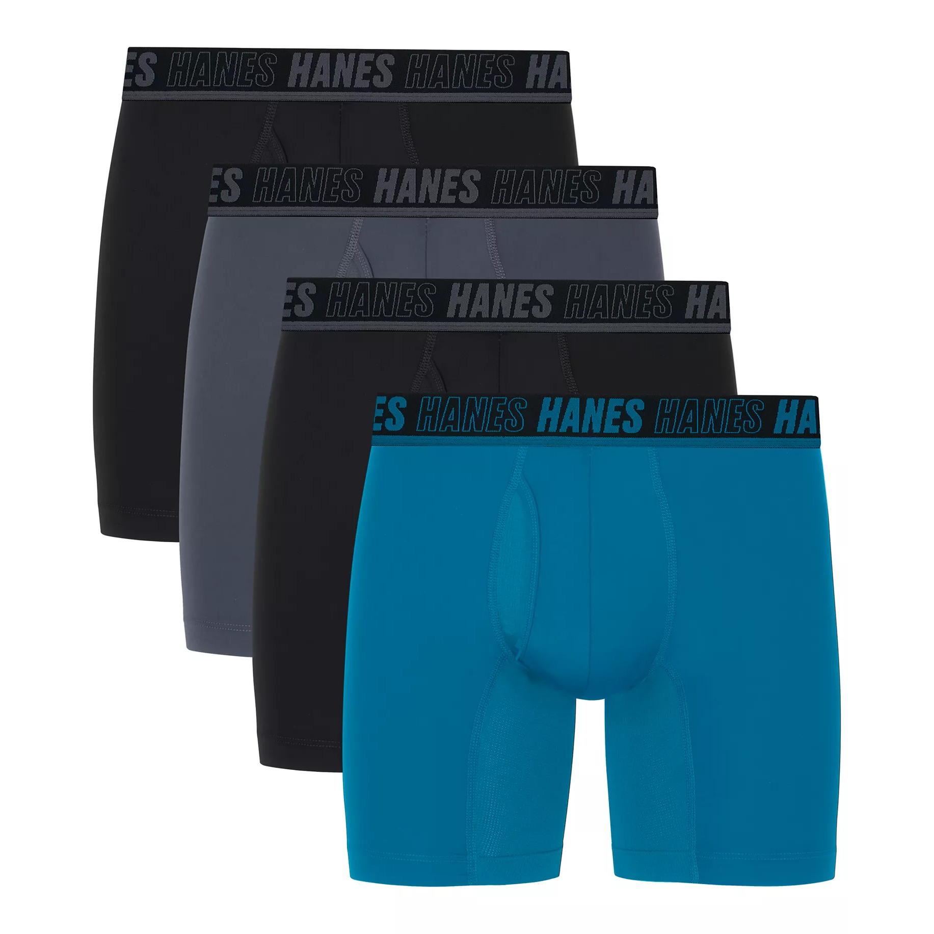 A set of four Hanes men's boxer briefs in black, gray, and blue, featuring a branded waistband.
