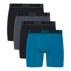 A set of four Hanes men's boxer briefs in black, gray, and blue, featuring a branded waistband.