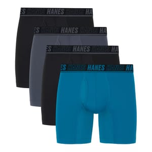 A set of four Hanes men's boxer briefs in black, gray, and blue, featuring a branded waistband.