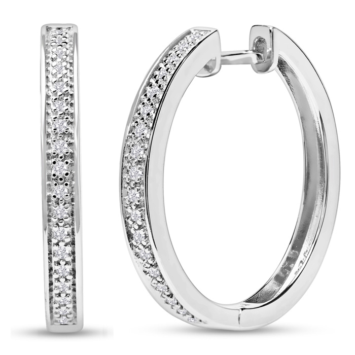 Silver hoop earrings with a row of small embedded clear gemstones, featuring a latch clasp closure.