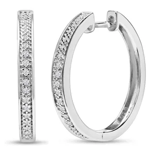 Silver hoop earrings with a row of small embedded clear gemstones, featuring a latch clasp closure.