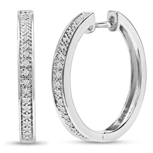 Silver hoop earrings with a row of small embedded clear gemstones, featuring a latch clasp closure.