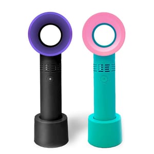 Two bladeless fans in black and teal with colorful circular tops, featuring vent holes and power buttons on their handles, each positioned on matching stands.
