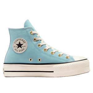 Light blue Converse Chuck Taylor All Star high-top sneaker with platform sole, featuring white laces, yellow eyelets, and the signature black star logo patch on the side.