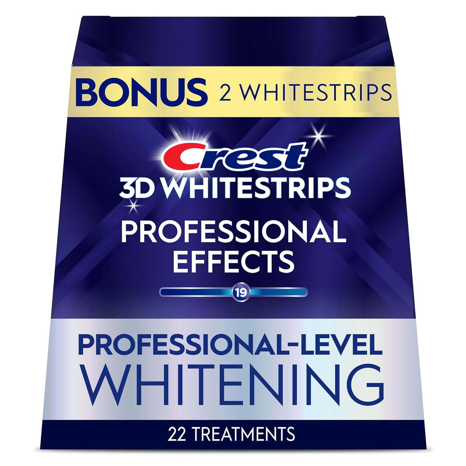 Crest 3D Whitestrips Professional Effects offers professional-level whitening with 22 treatments, including a bonus of 2 extra whitestrips.