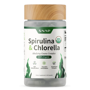 120-count bottle of SNAP Spirulina & Chlorella Alkalizing Greens Complex, 100% organic, USDA certified, with aids for detoxification, powerful antioxidants, and superfood complex benefits. Features a wooden cap and green leafy design elements.