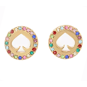 Gold-toned round stud earrings featuring a spade-shaped cutout in the center, surrounded by a border of multicolored gemstones.