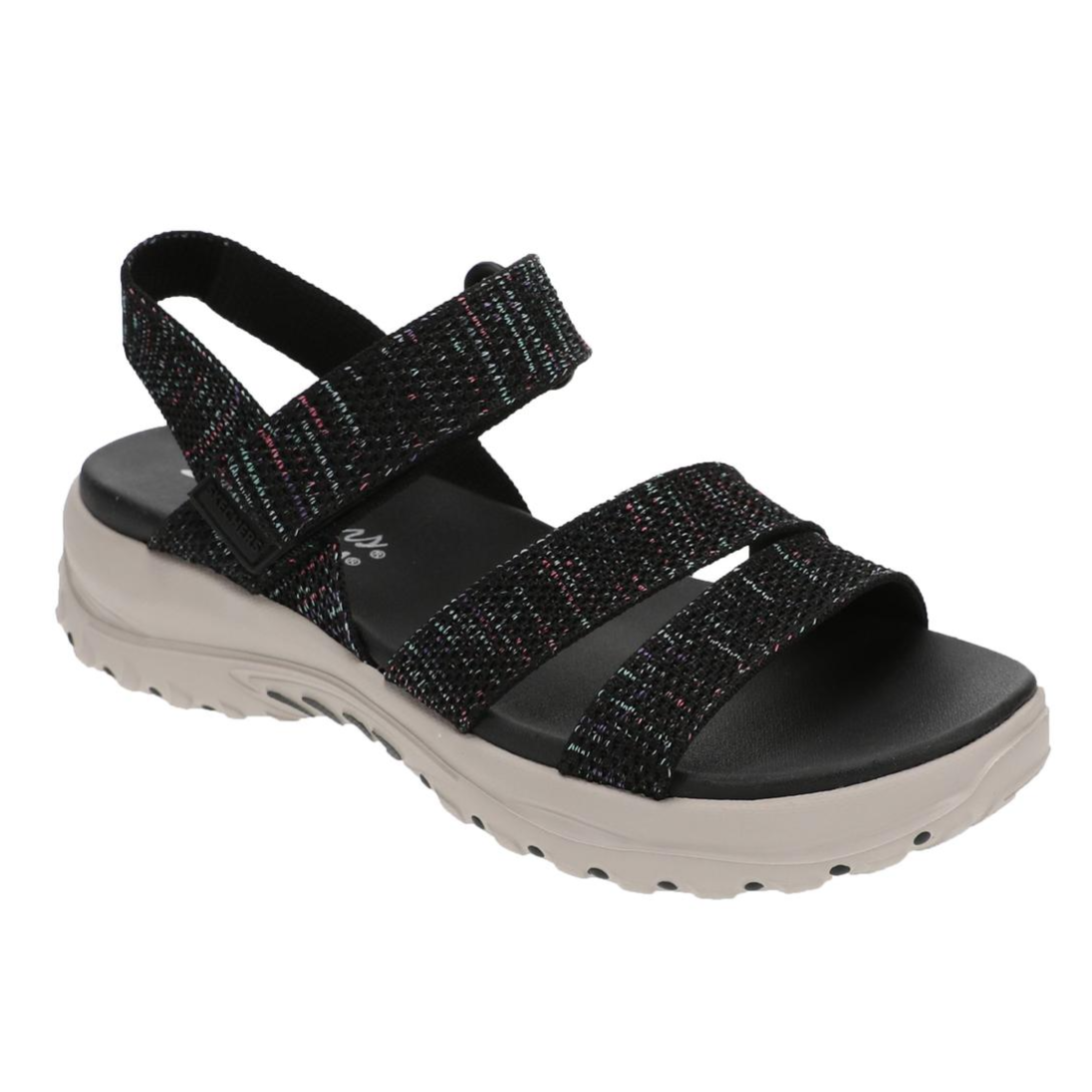 A black sandal with adjustable fabric straps and a thick, textured white sole designed for comfort and support.