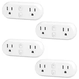 Four smart Wi-Fi plugs, each with two outlets and a compact design, featuring power buttons and compatible with smart home systems.