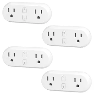 Four smart Wi-Fi plugs, each with two outlets and a compact design, featuring power buttons and compatible with smart home systems.